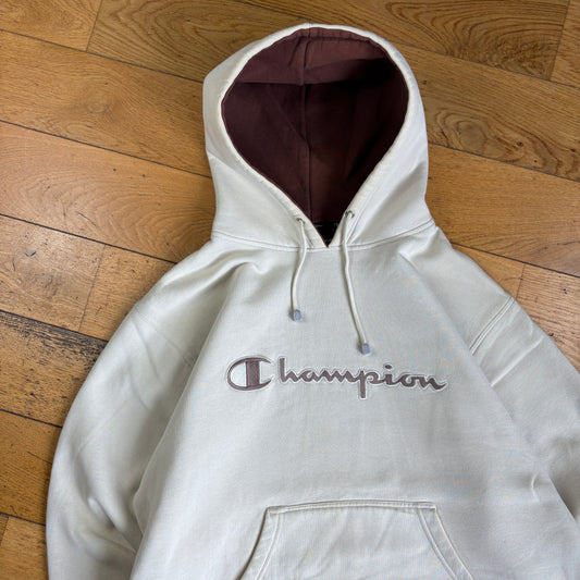 Vintage Champion Boxy Heavyweight Cream Hoodie Embroidered Sweatshirt - L