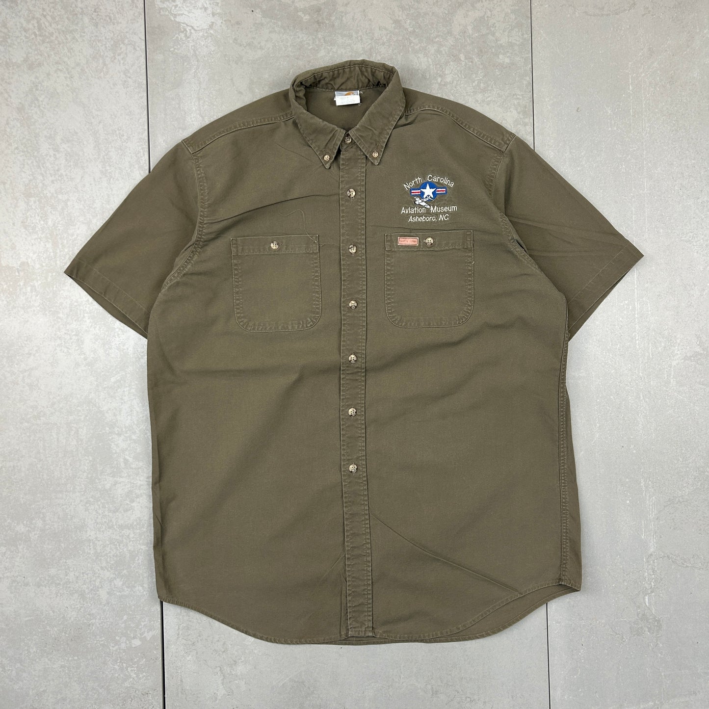 Vintage Carhartt Embroidered Aviation Short Sleeve Khaki Button Down Shirt - L