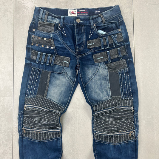 Vintage Hip Hop Straight Blue Black Biker Jeans - 32