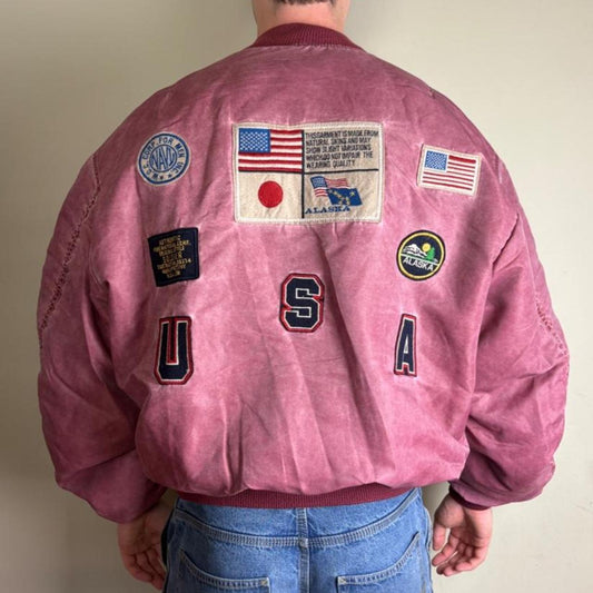 Vintage Pink Burgundy Embroidered Bomber Jacket - XL