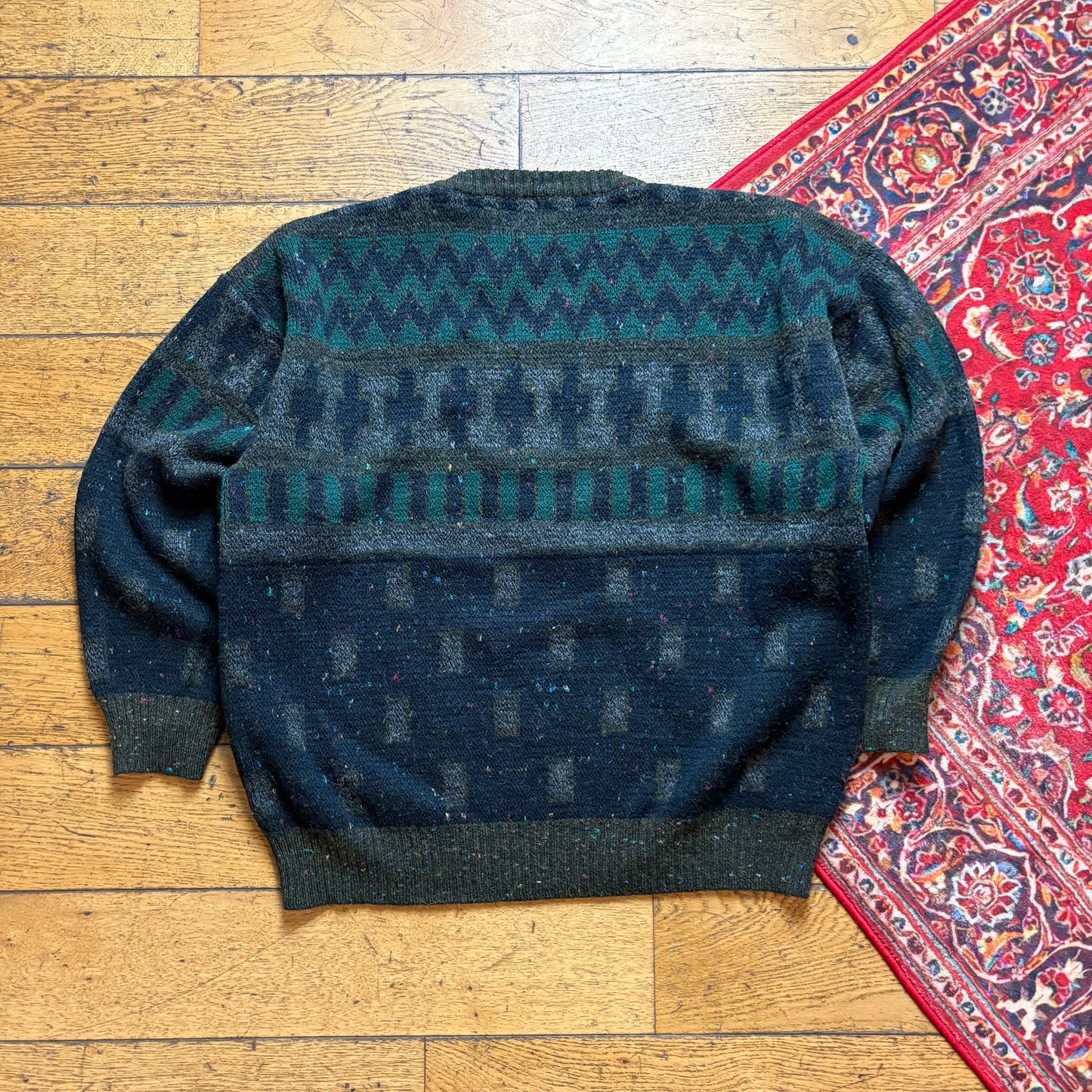 Vintage Green Pattern Chunky Knit Jumper - XL