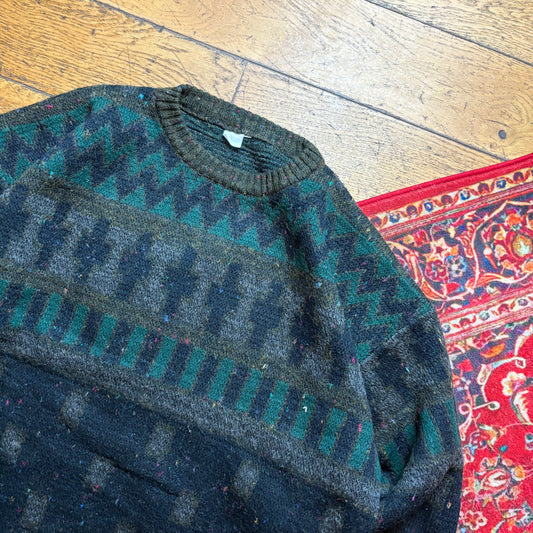 Vintage Green Pattern Chunky Knit Jumper - XL