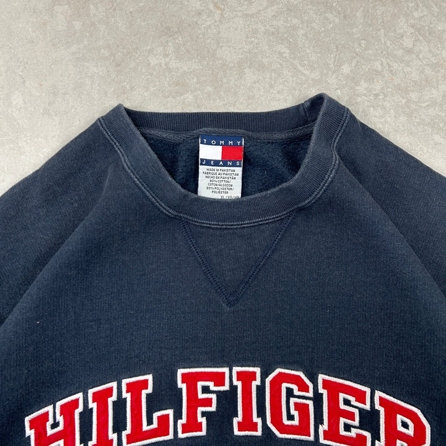 Vintage 00s Tommy Hilfiger Denim Spellout Navy Embroidered Sweatshirt - XL