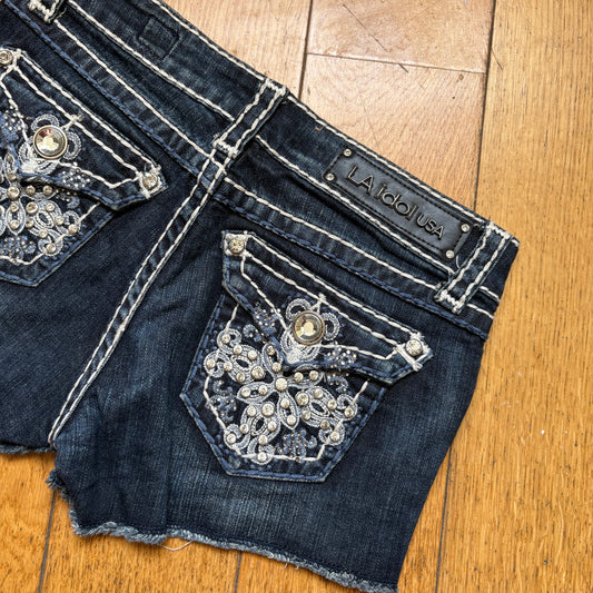 Vintage La Idol Y2K Rhinestone Blue Micro Shorts - Size 8/10