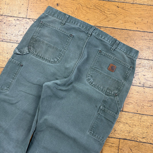 Vintage Carhartt Green Khaki Double Knee Workwear Carpenter Baggy Trousers - 38