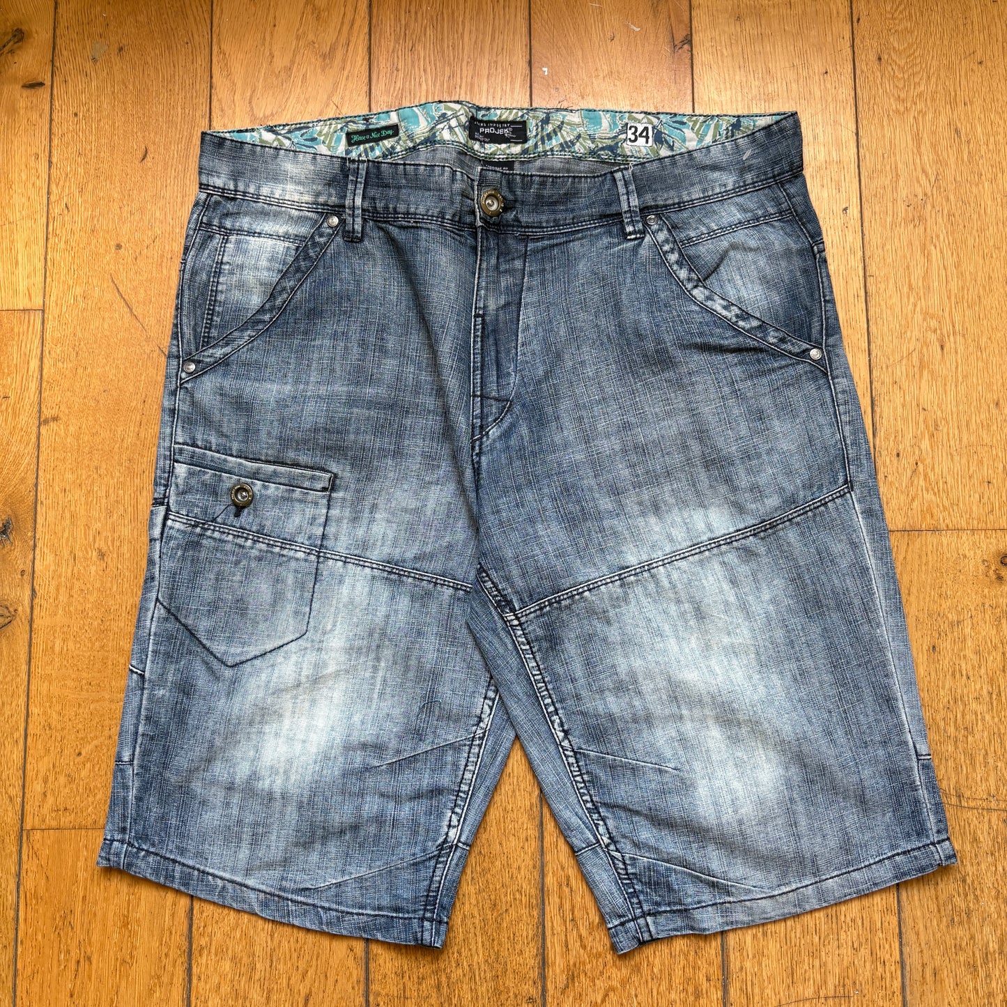 Vintage Double Knee Blue Hip Hop Shorts Jorts - 36