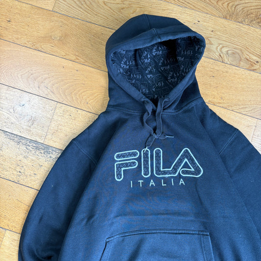Vintage Fila Black Hoodie Embroidered Boxy Sweatshirt - XL