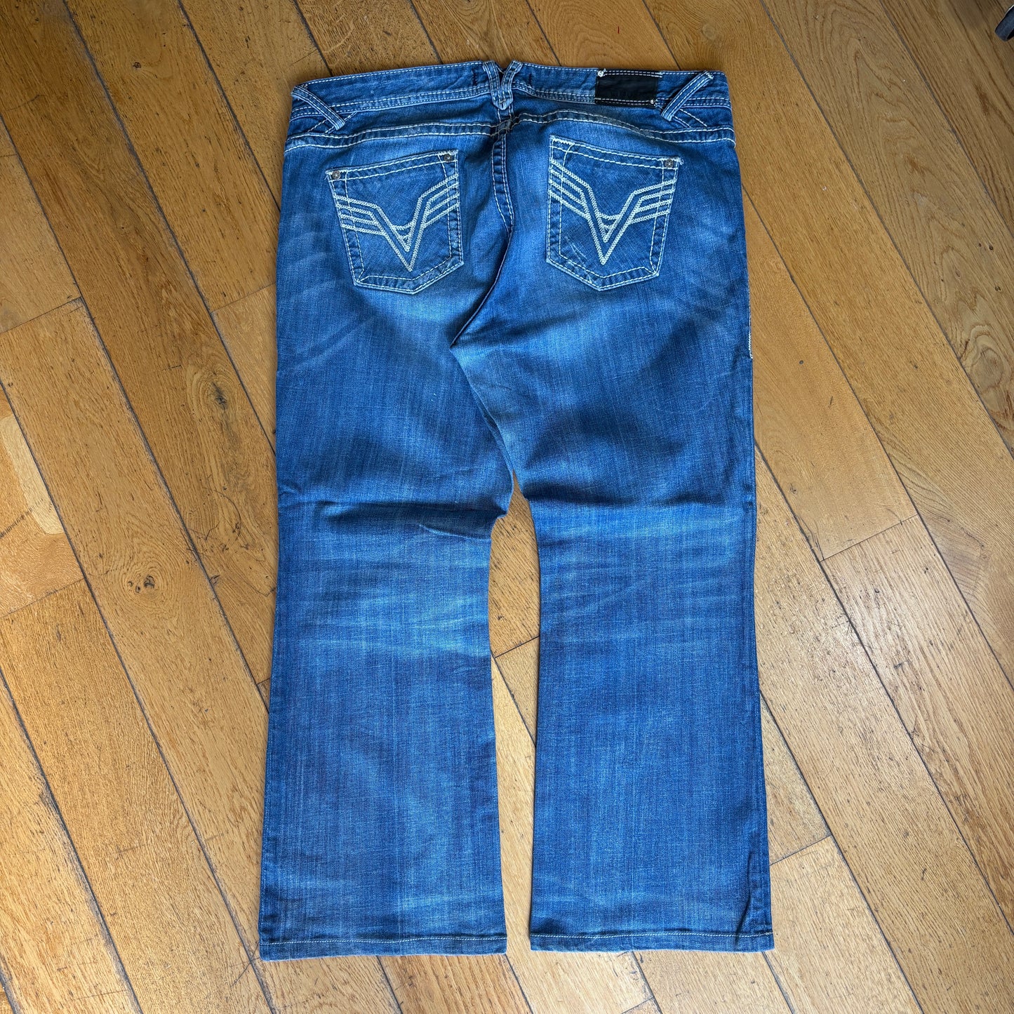 Vintage Vigoss Y2K Flared Bootcut Blue Embroidered Hip Hop Baggy Jeans - Size 20