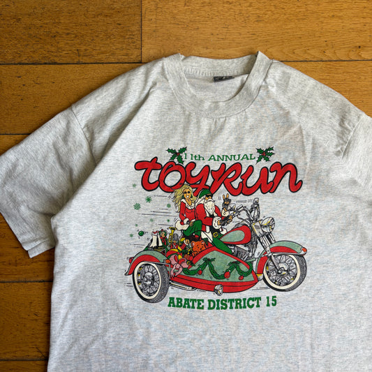 Vintage 90s Motorbike Santa Christmas Grey Single Stitch Graphic T-Shirt - L