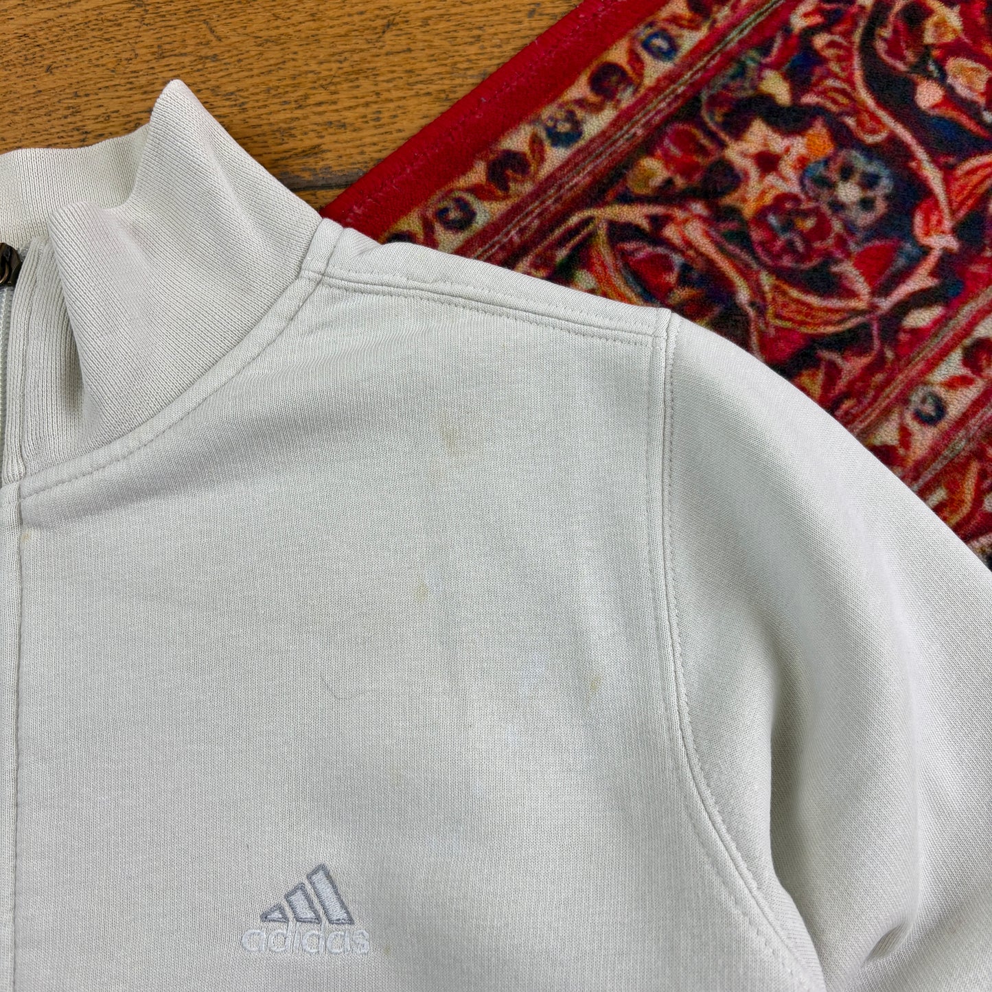 Vintage 90s Adidas Womens Cream Zip Embroidered Sweatshirt - Size 10