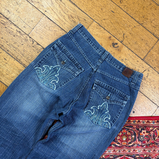 Vintage Blue Embroidered Y2K Hip Hop Baggy Jeans - 32