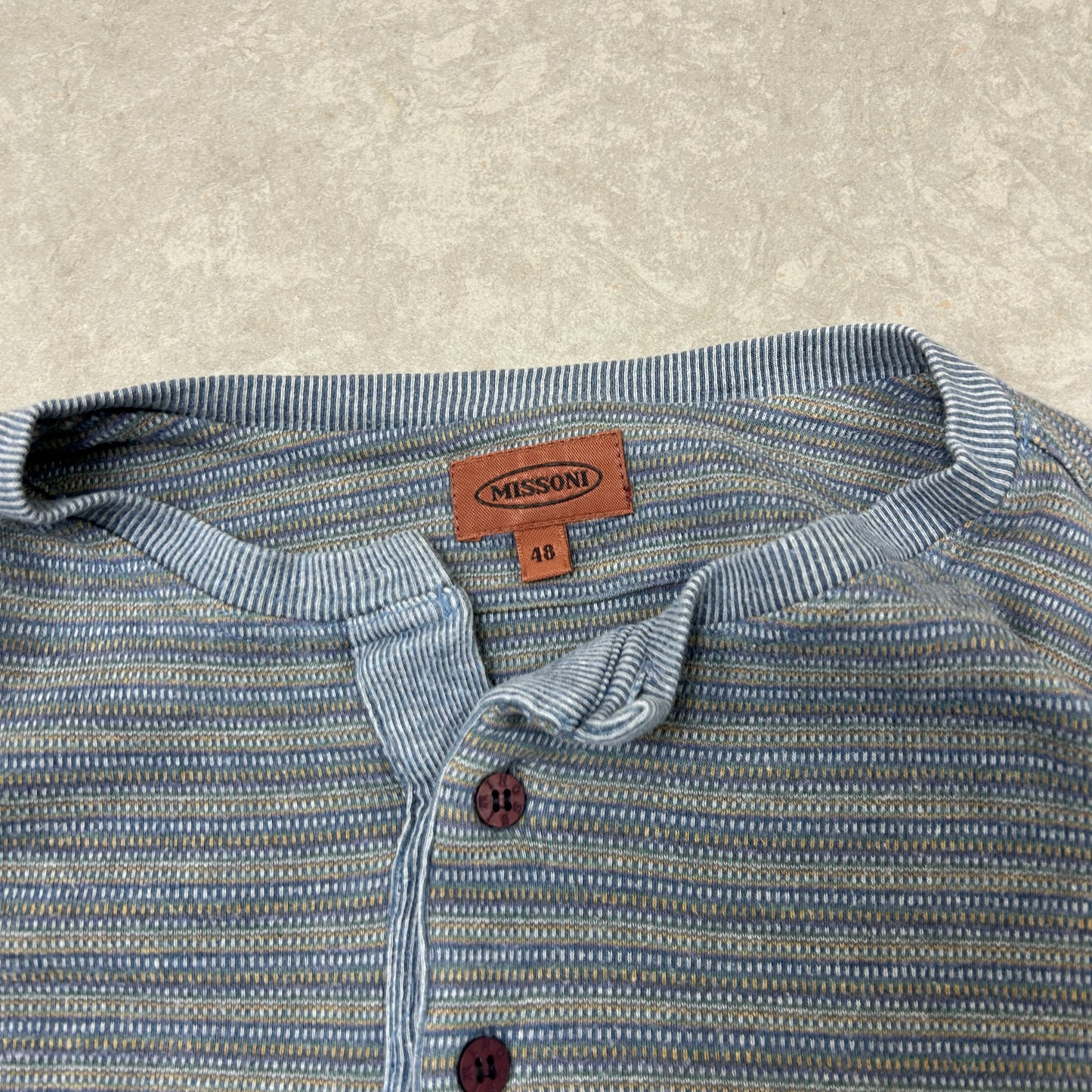 Vintage Missoni Italian Stripe Long Sleeve Blue Henley Boxy T-Shirt - XL