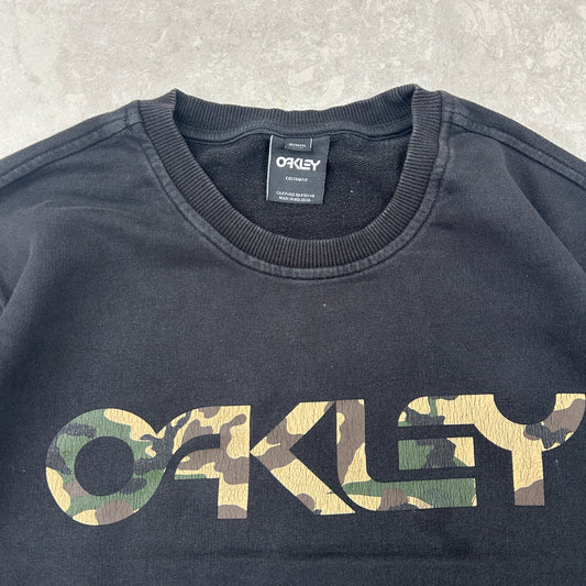 Vintage Oakley Black Spellout Camo Embroidered Sweatshirt - M