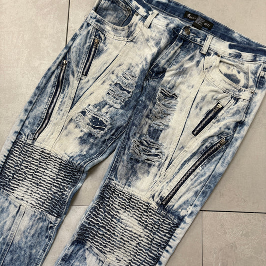 Vintage Hip Hop Moto Acid Wash Blue Straight Jeans - 40