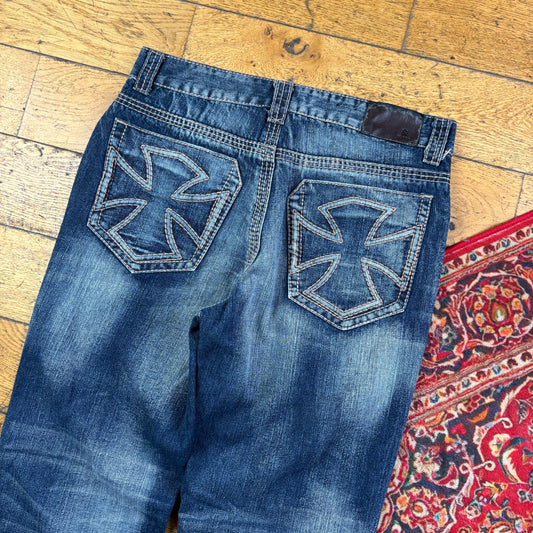 Vintage Blue Bootcut Embroidered Y2K Hip Hop Baggy Jeans - 36