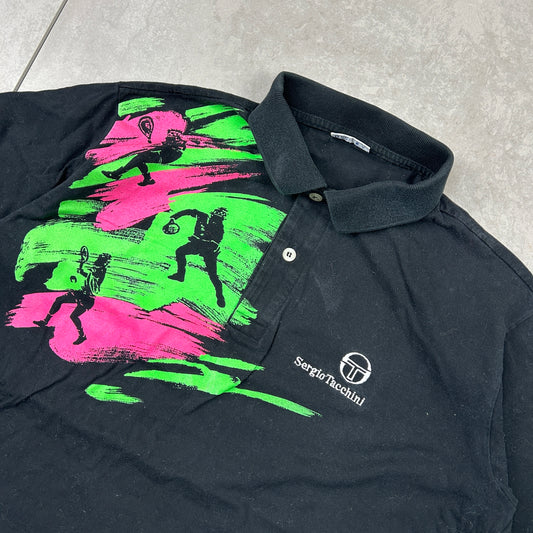 Vintage Sergio Tacchini Graphic Polo Tennis Black T-Shirt - M