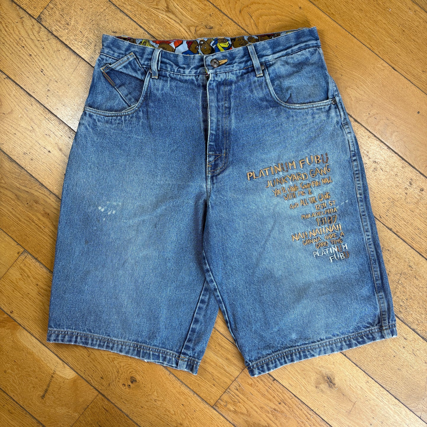 Vintage Platinum Fubu Fat Albert Embroidered Hip Hop Blue Baggy Shorts Jorts -34