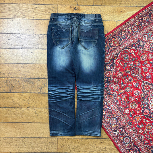 Vintage Blue Embroidered Y2K Hip Hop Baggy Jeans - 34
