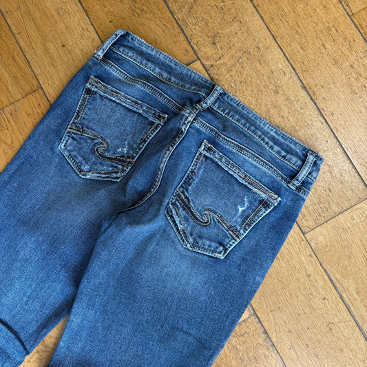 Vintage Silver Jeans Y2K Flared Bootcut Blue Embroidered Hip Hop Jeans - Size 12