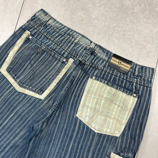 Vintage Pinstripe Embroidered Hip Hop Baggy Blue Shorts Jorts - 42