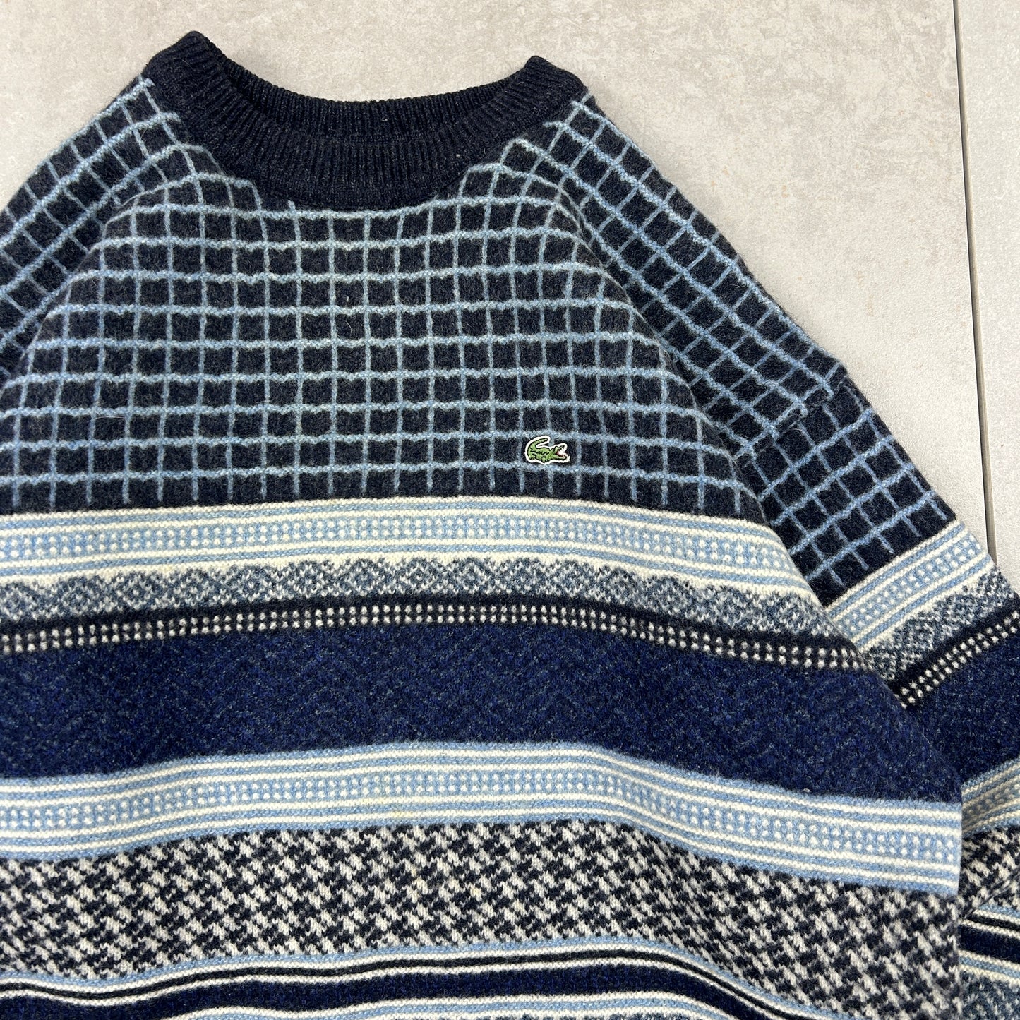 Vintage Lacoste Knit Wool Jumper Blue Pattern - S