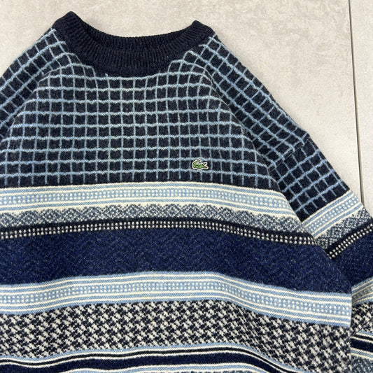 Vintage Lacoste Knit Wool Jumper Blue Pattern - S