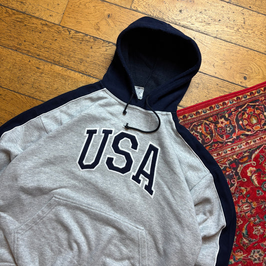 Vintage USA Grey Navy Embroidered Hoodie Sweatshirt - XL