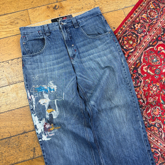 Vintage Lot29 Blue Embroidered Y2K Hip Hop Baggy Jeans - 34