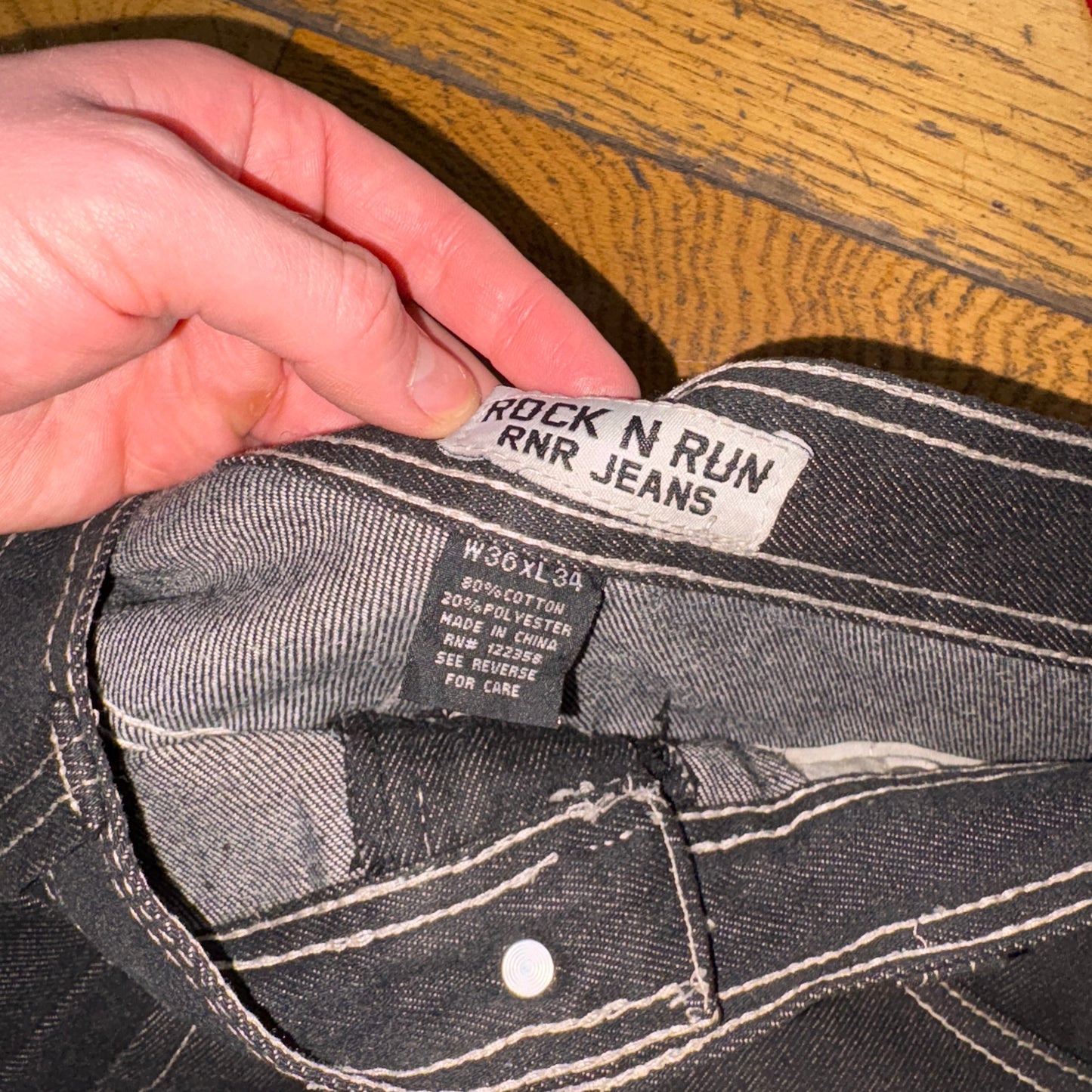 Vintage Black Embroidered Y2K Hip Hop Baggy Jeans - 36L