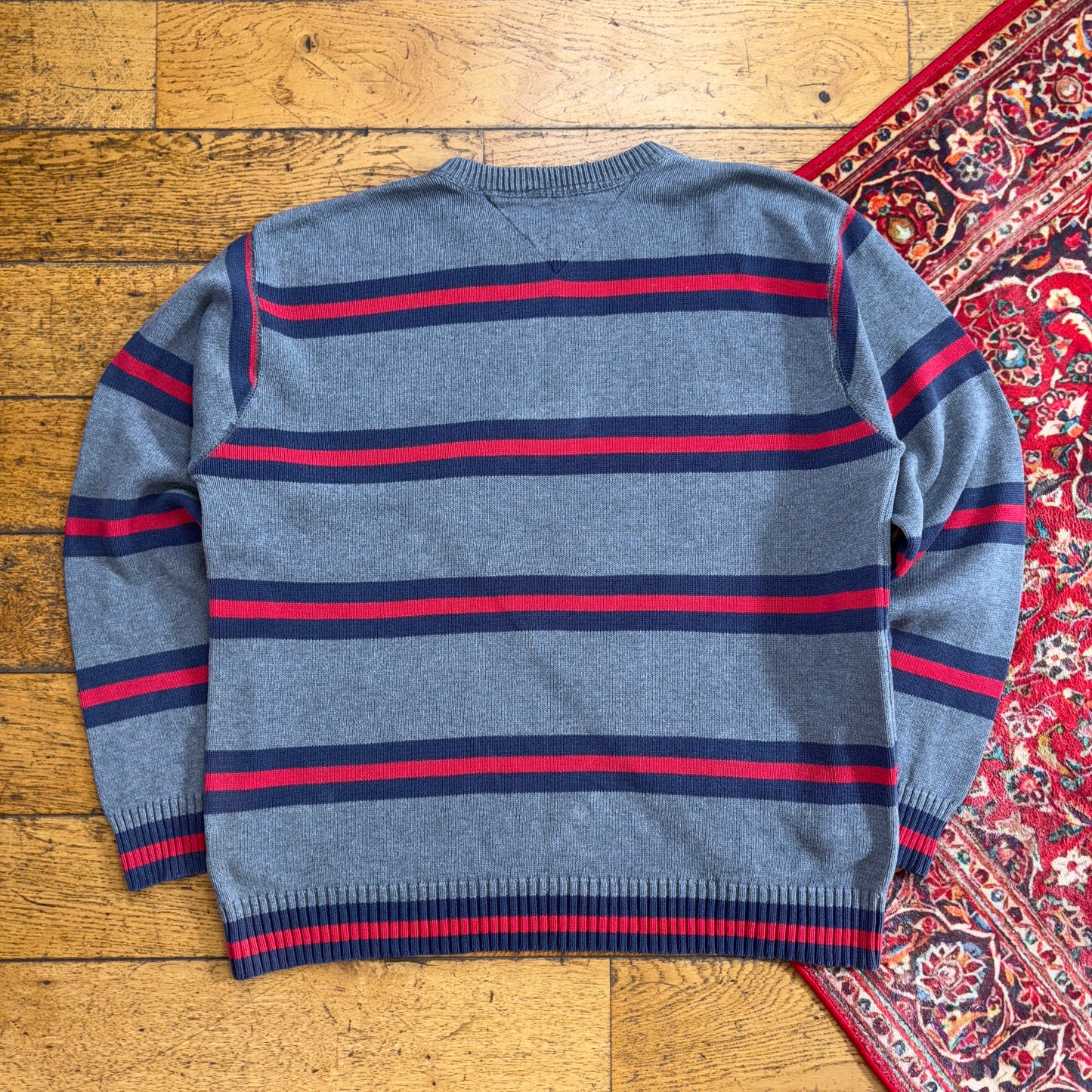 Vintage Tommy Hilfiger Grey Stripe Chunky Knit Jumper - XL