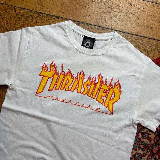 Vintage Thrasher Flames White Skate Graphic T-Shirt - XS