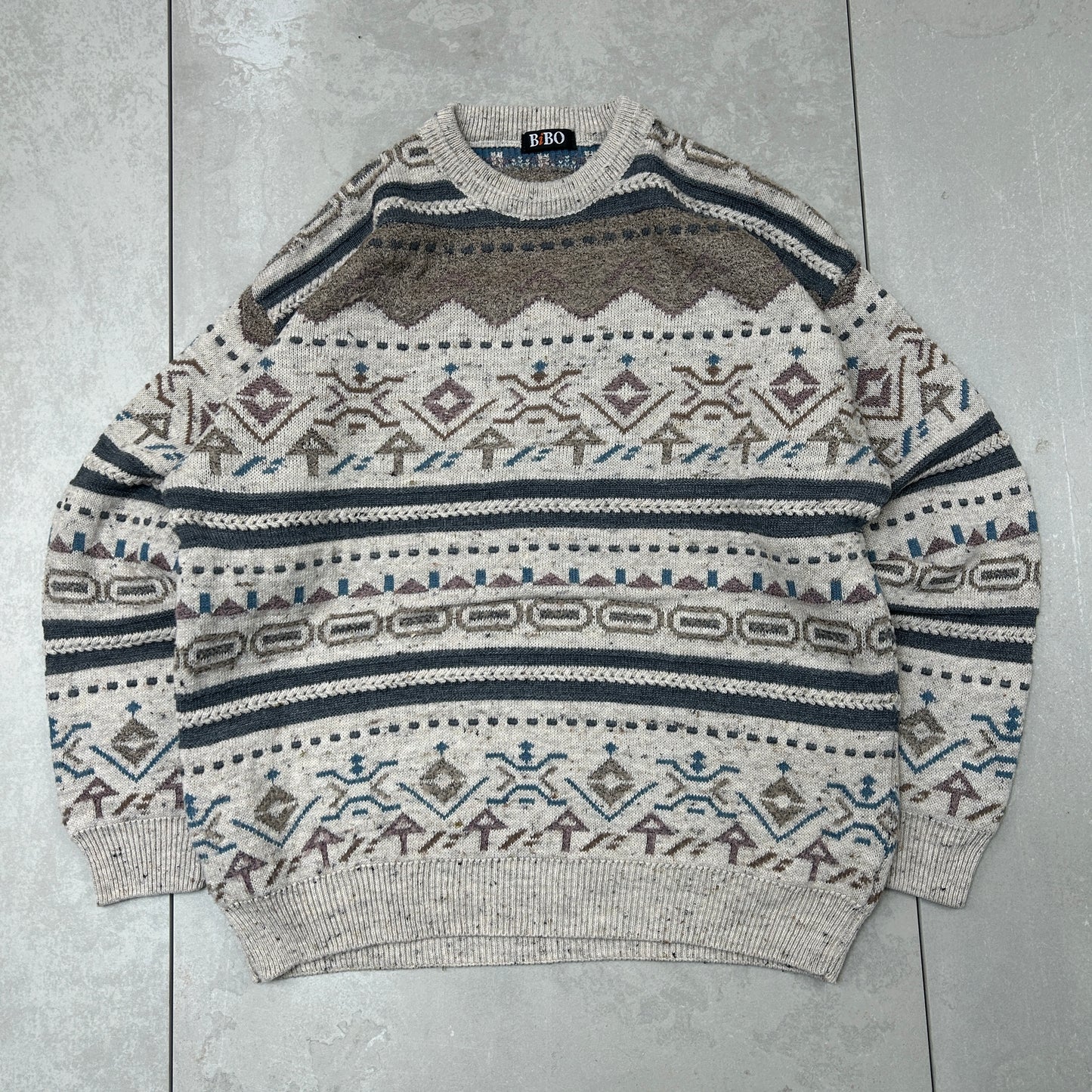 Vintage Italian Chunky Pattern Knit Grey Brown Jumper - L