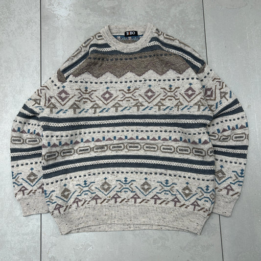 Vintage Italian Chunky Pattern Knit Grey Brown Jumper - L