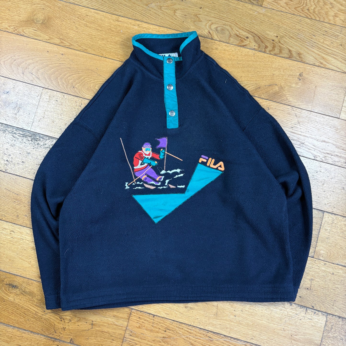 Vintage 90s Fila Skiing Navy Embroidered Fleece Sweatshirt - L