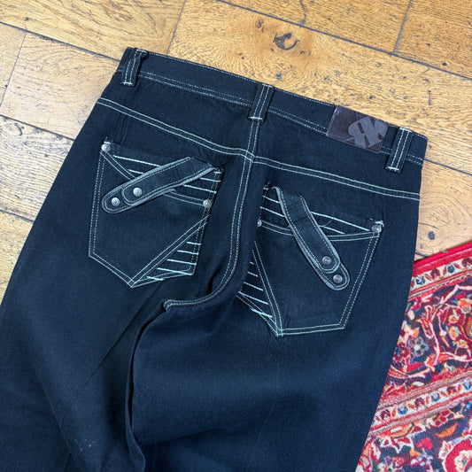 Vintage Black Embroidered Y2K Hip Hop Baggy Jeans - 34
