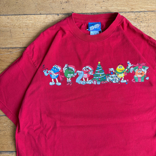 Vintage 90s M&Ms Christmas Single Stitch Red Graphic T-Shirt - L