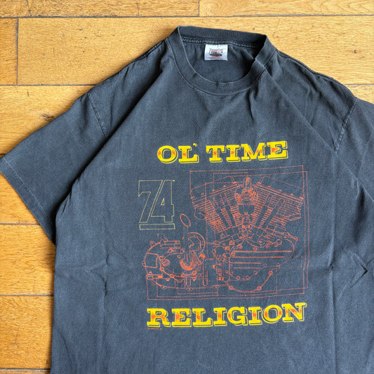 Vintage 90s Motorbike Engine Single Stitch Black Graphic T-Shirt - L