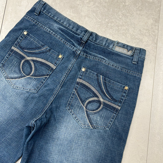 Vintage Embroidered Hip Hop Baggy Blue Shorts Jorts - 36