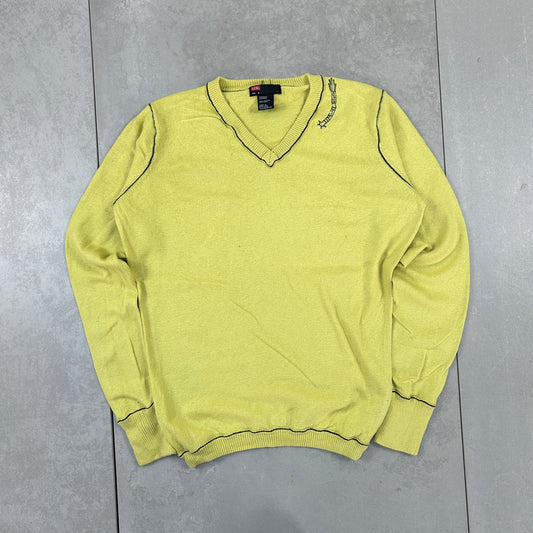 Vintage 00s Diesel Knit Green Yellow Jumper Embroidered Sweatshirt - S