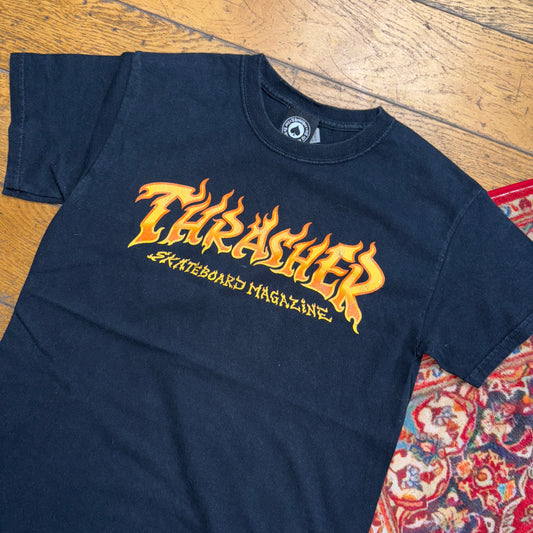 Vintage Thrasher Black Skate Flames Graphic Womens T-Shirt - S