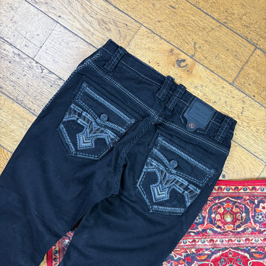 Vintage Rock Revival Style Black Embroidered Y2K Hip Hop Straight Jeans - 38
