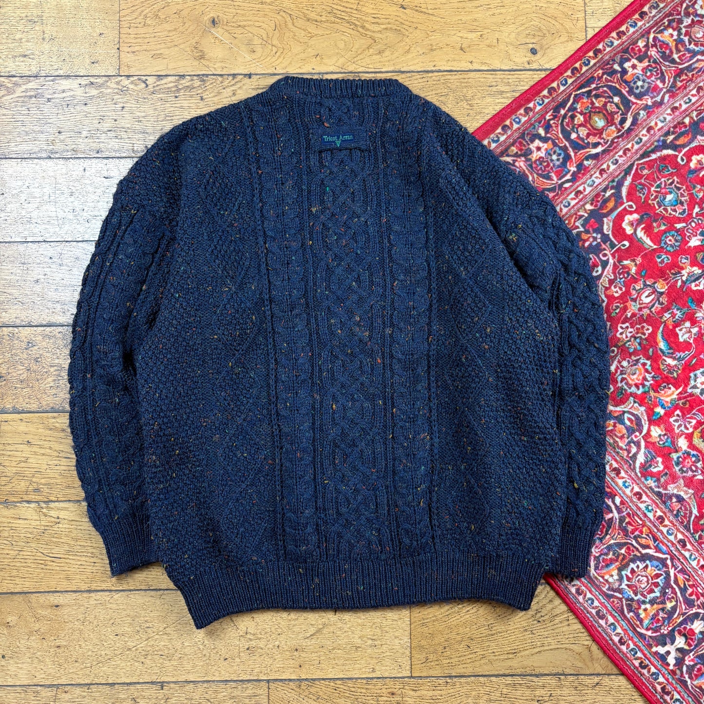 Vintage Navy Chunky Cable Arran Wool Knit Jumper - XL