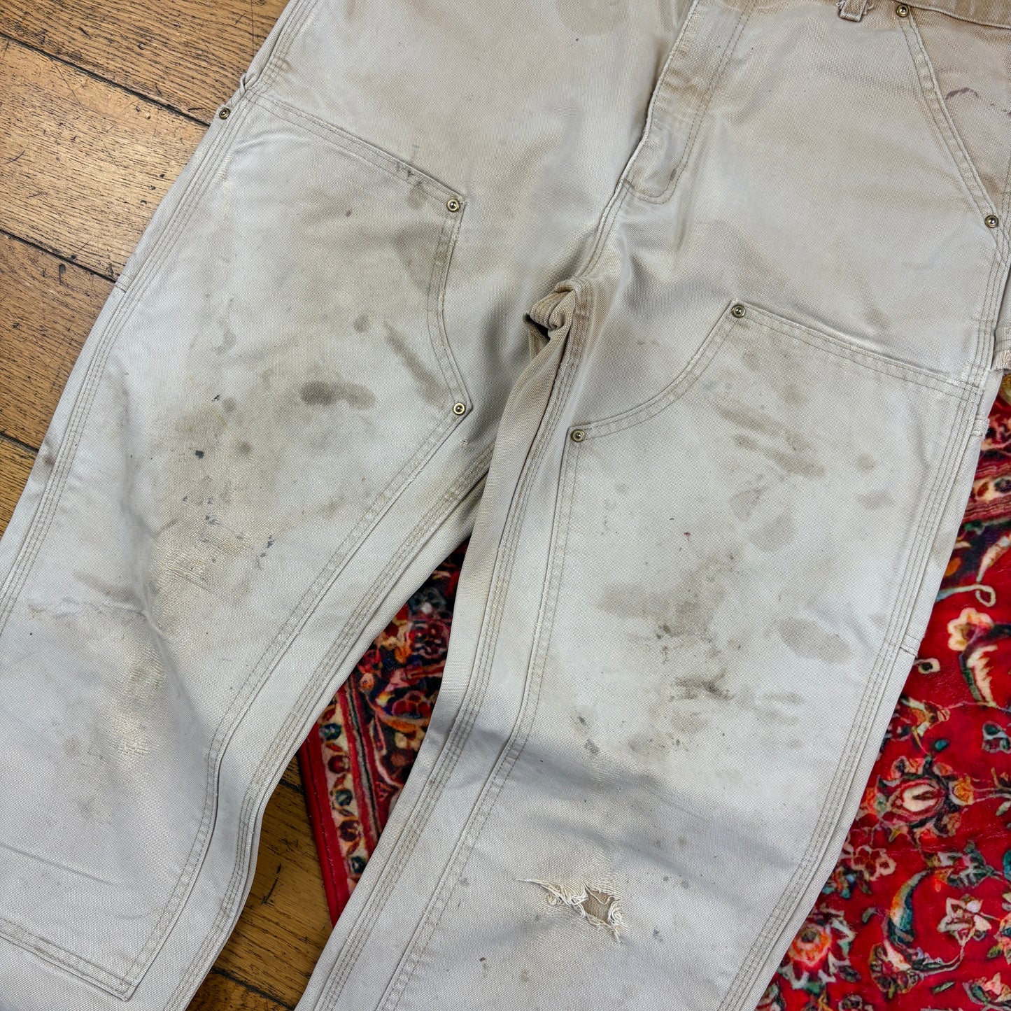 Vintage Carhartt Cream Double Knee Workwear Carpenter Baggy Trousers - 33