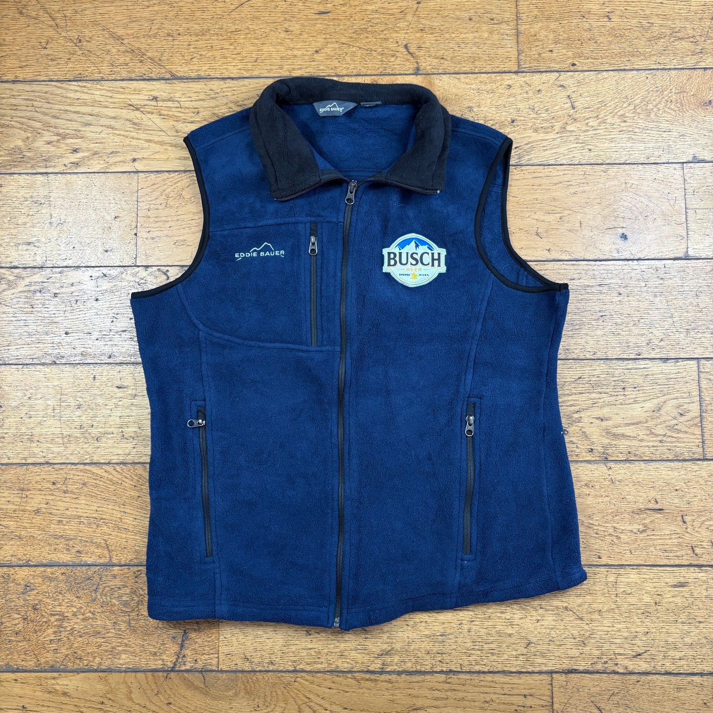 Vintage Eddie Bauer Busch Beer Navy Embroidered Fleece Gilet Vest Sweatshirt - M