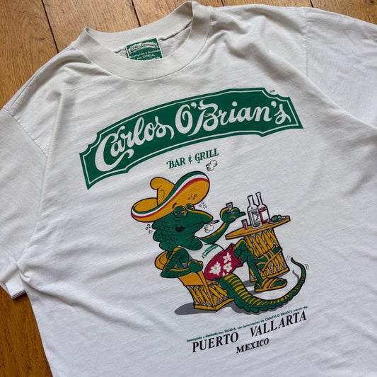 Vintage 90s Mexico Lizard Bar Single Stitch White Graphic T-Shirt - S