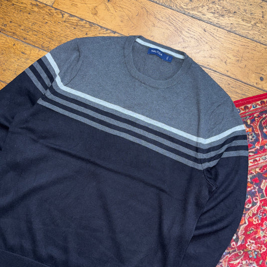 Vintage Nautica Black Grey Stripe Embroidered Knit Jumper - L