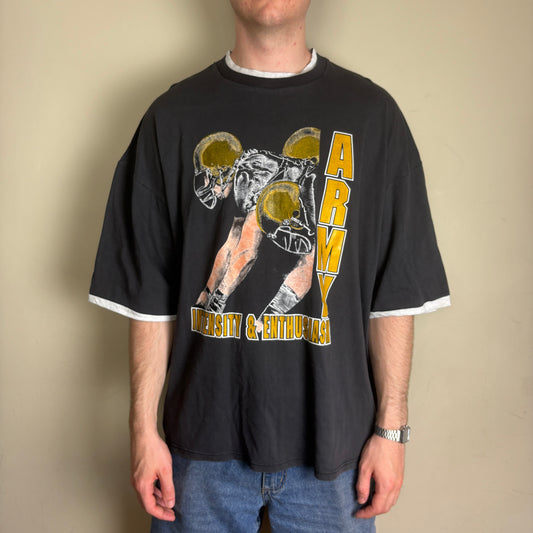 Vintage 90s Single Stitch Army NFL College Boxy Black Graphic T-Shirt - XL