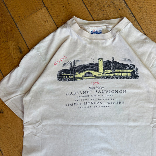 Vintage 90s Wine Single Stitch Cream White Graphic T-Shirt - S