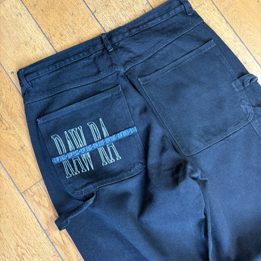 Vintage Raw Rags Embroidered Black Carpenter Hip Hop Baggy Jeans - 34