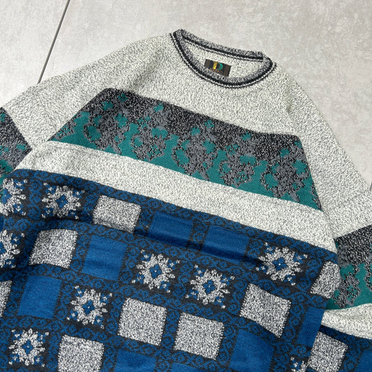 Vintage Italian Grey Blue Pattern Wool Chunky Knit Jumper - L